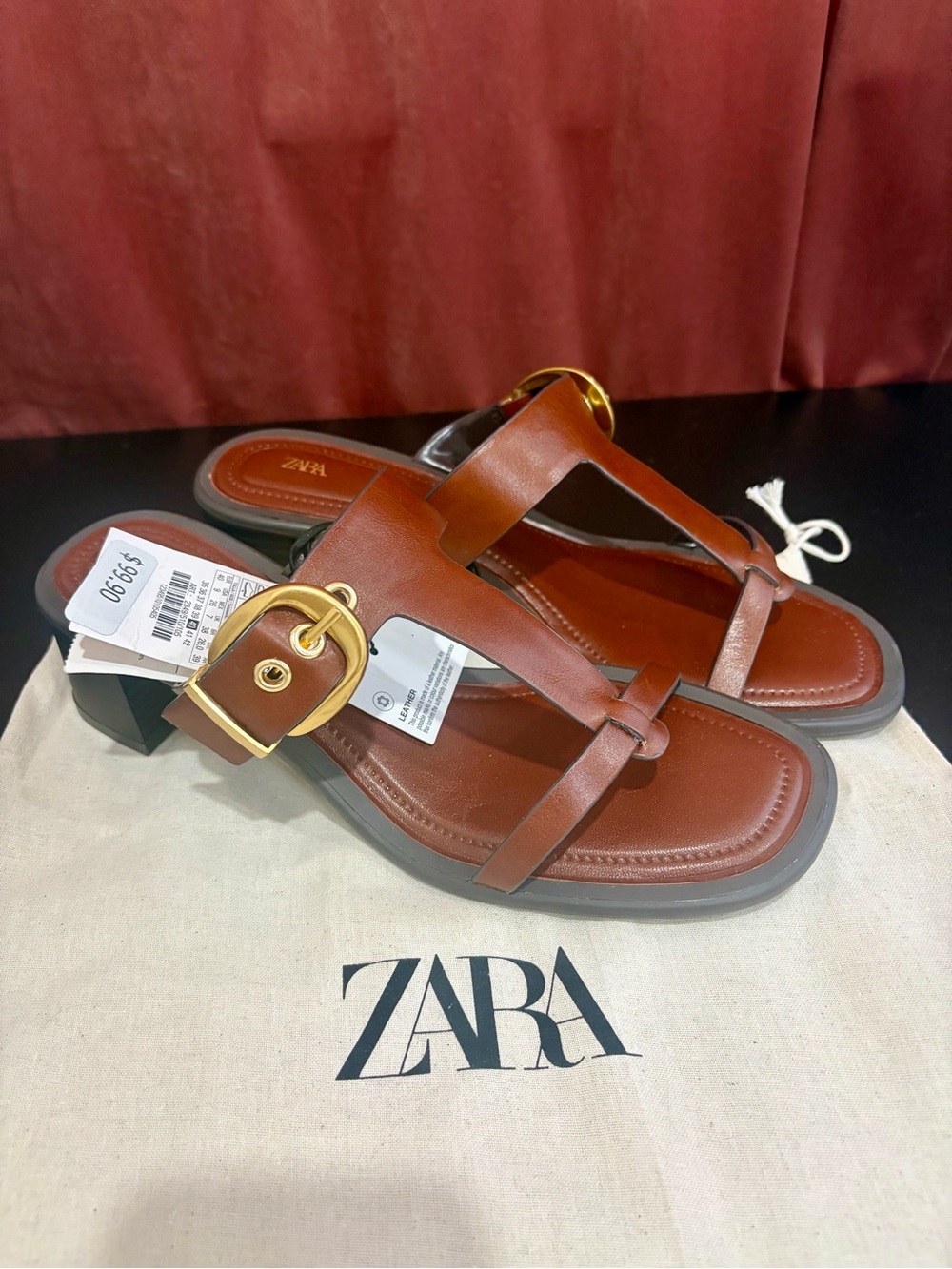 ZARA Brown Leather Buckle Slide Sandals Size 9 NWT